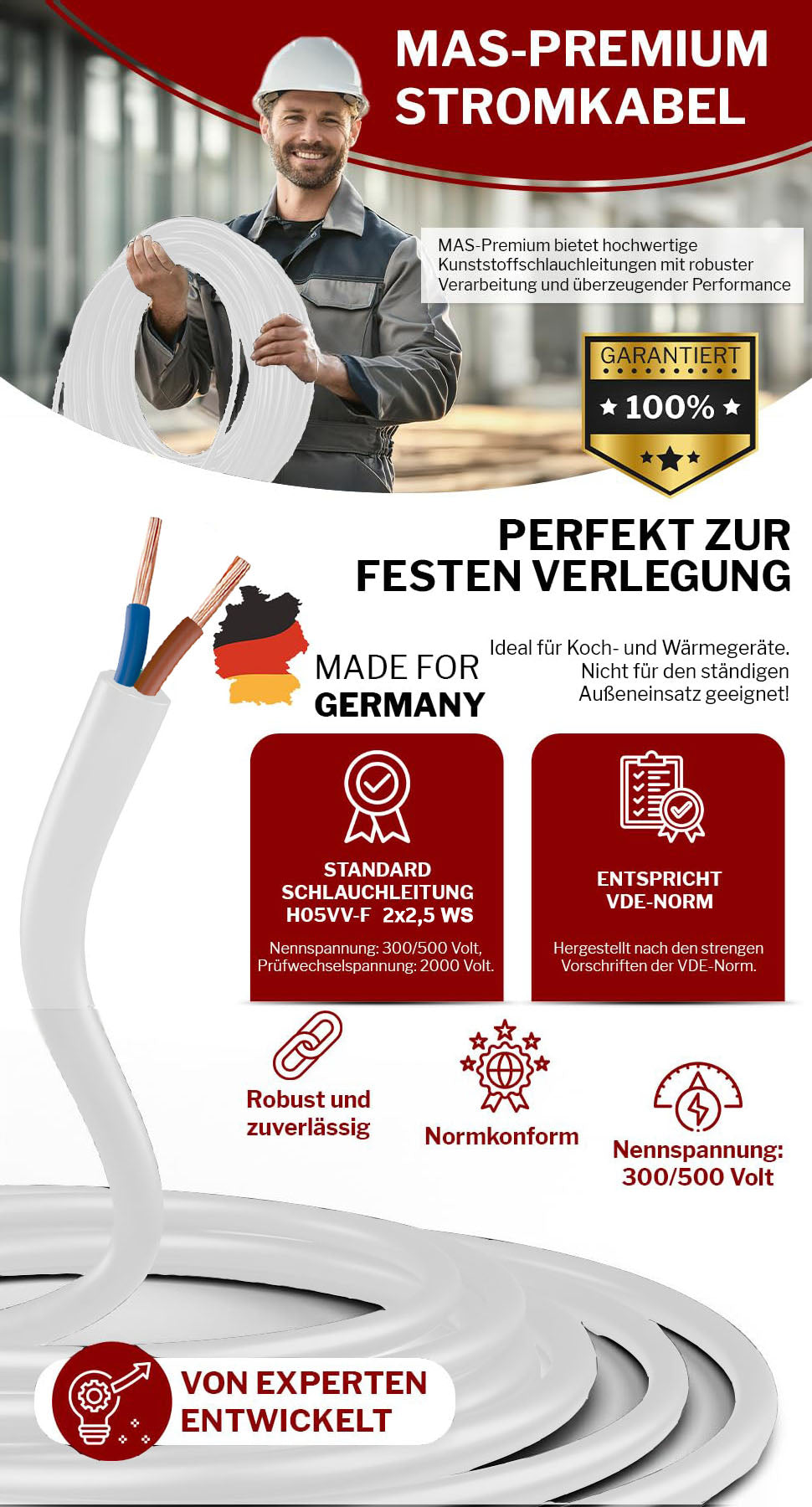 H05VV-F 2x 0,75 /1 /1,5 oder 2,5 Schlauchleitung Weiß 5 bis 100 m