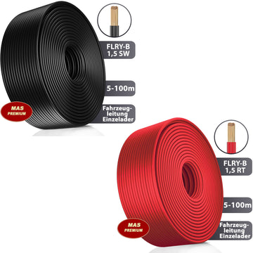 FLRY-B 1,5 mm² Fahrzeugaderleitung von 5-100m KFZ Kabel Schwarz, Rot oder Rot + Schwarz