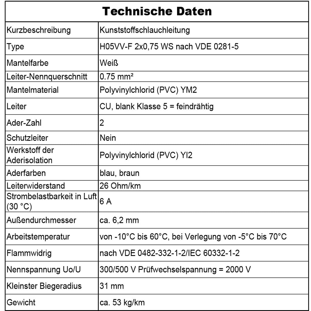 H05VV-F 2x 0,75 /1 /1,5 oder 2,5 Schlauchleitung Weiß 5 bis 100 m