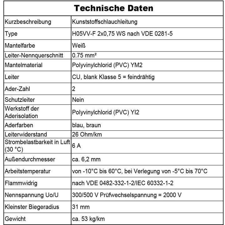 H05VV-F 2x 0,75 /1 /1,5 oder 2,5 Schlauchleitung Weiß 5 bis 100 m