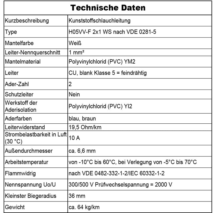 H05VV-F 2x 0,75 /1 /1,5 oder 2,5 Schlauchleitung Weiß 5 bis 100 m