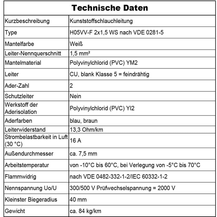 H05VV-F 2x 0,75 /1 /1,5 oder 2,5 Schlauchleitung Weiß 5 bis 100 m