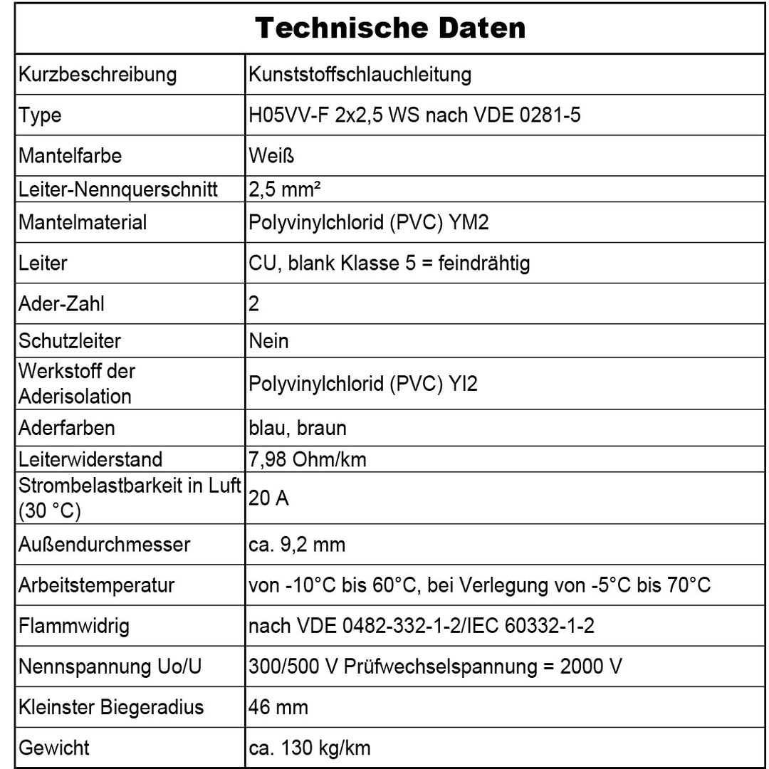 H05VV-F 2x 0,75 /1 /1,5 oder 2,5 Schlauchleitung Weiß 5 bis 100 m