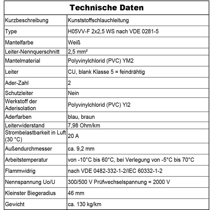 H05VV-F 2x 0,75 /1 /1,5 oder 2,5 Schlauchleitung Weiß 5 bis 100 m