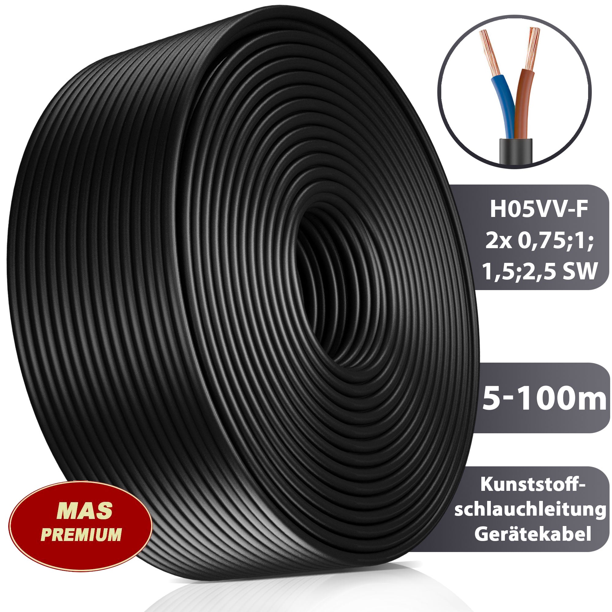 H05VVF 2x 0,75 /1 /1,5 oder 2,5 Schlauchleitung Schwarz Maskabel