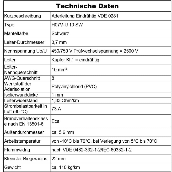 H07 V-U 10 mm² SW Aderleitung - 5 bis 100 m