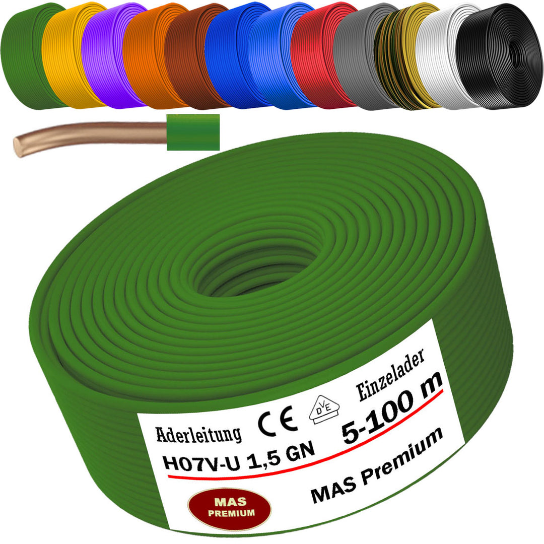 H07 V-U 1,5 mm² SW GNGE HBL BR GR GN GE VIO RT WS DBL oder OR Aderleitung Eindrähtig Einzelader starr - 5 bis 100 m