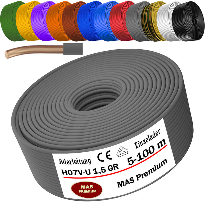 H07 V-U 1,5 mm² SW GNGE HBL BR GR GN GE VIO RT WS DBL oder OR Aderleitung Eindrähtig Einzelader starr - 5 bis 100 m