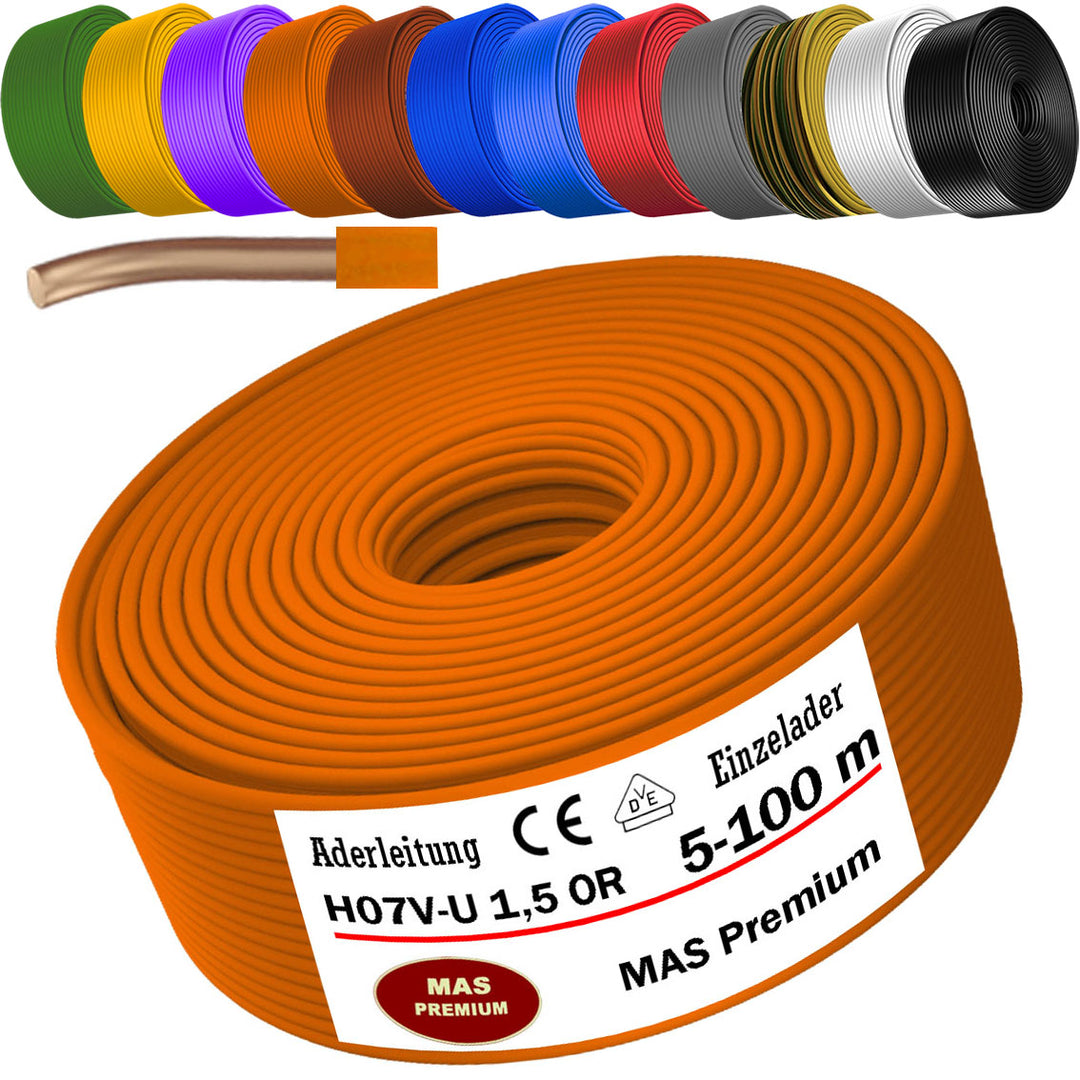 H07 V-U 1,5 mm² SW GNGE HBL BR GR GN GE VIO RT WS DBL oder OR Aderleitung Eindrähtig Einzelader starr - 5 bis 100 m