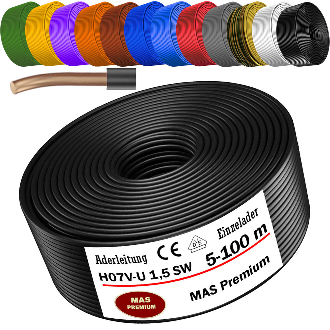 H07 V-U 1,5 mm² SW GNGE HBL BR GR GN GE VIO RT WS DBL oder OR Aderleitung Eindrähtig Einzelader starr - 5 bis 100 m