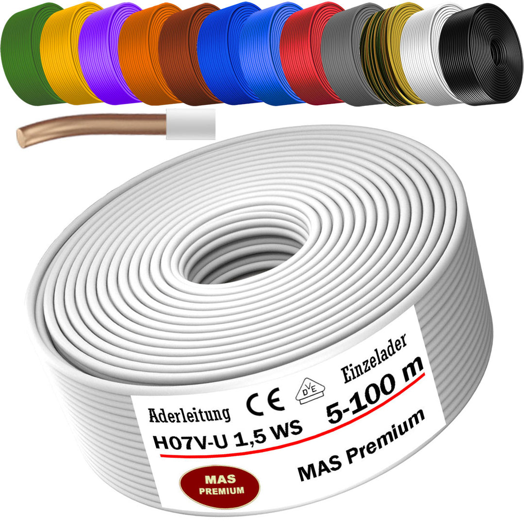 H07 V-U 1,5 mm² SW GNGE HBL BR GR GN GE VIO RT WS DBL oder OR Aderleitung Eindrähtig Einzelader starr - 5 bis 100 m