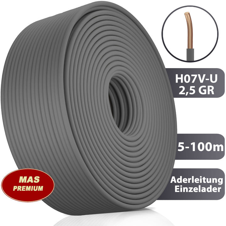 H07 V-U 2,5 mm² GR Aderleitung - 5 bis 100 m
