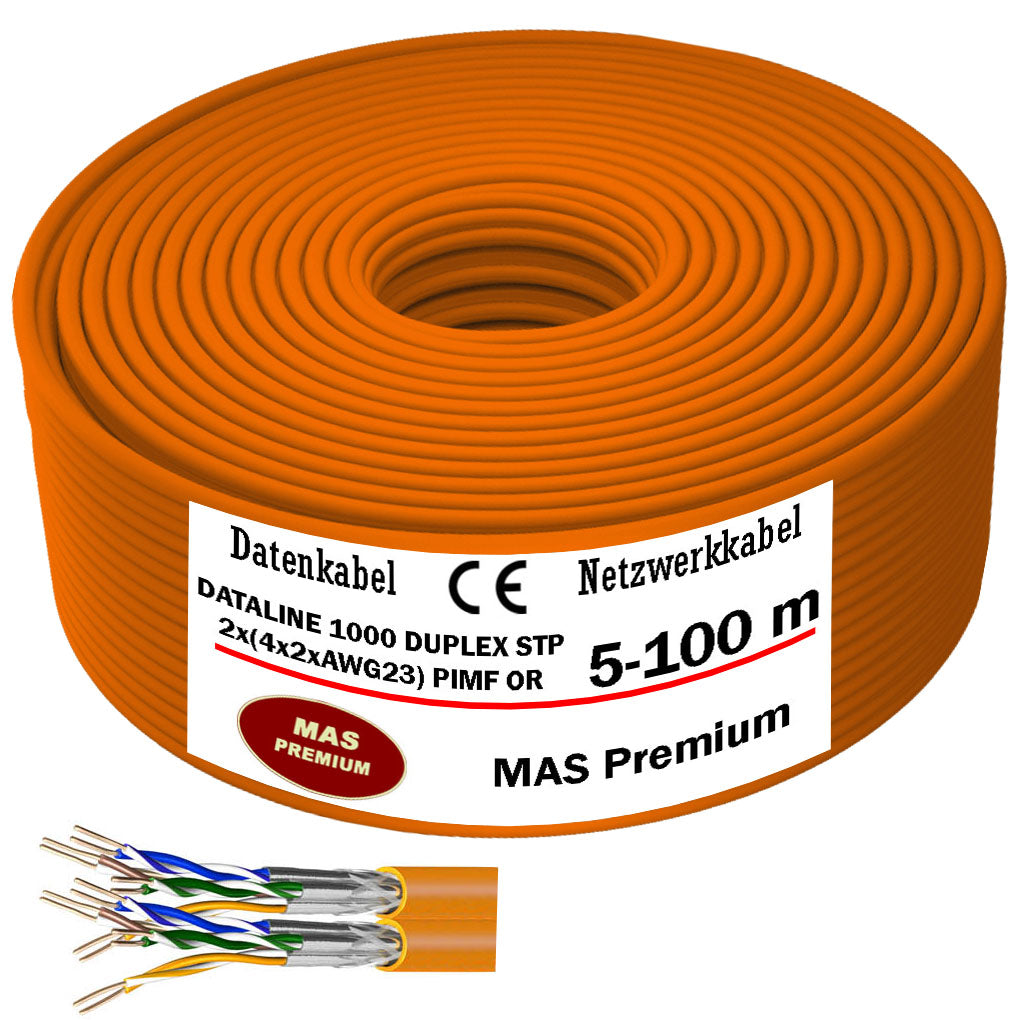 CAT 7+ Kabel Dataline 1000 Duplex STP AWG23 8P PIMF FRNC Orange 1000Mhz - 5 bis 100 m