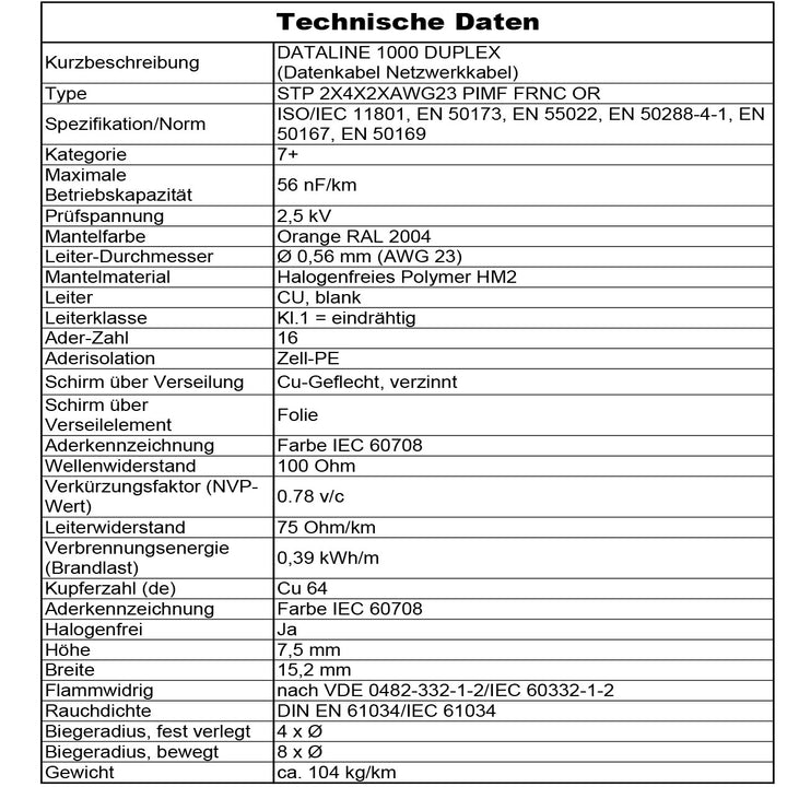 CAT 7+ Kabel Dataline 1000 Duplex STP AWG23 8P PIMF FRNC Orange 1000Mhz - 5 bis 100 m