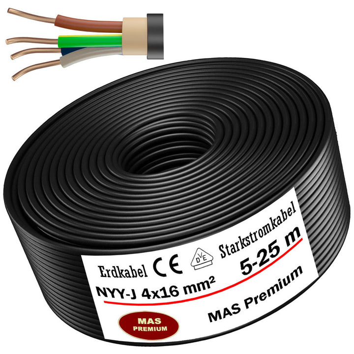 NYY-J 4x16 mm² Erdkabel - 5 bis 25 m in Schwarz