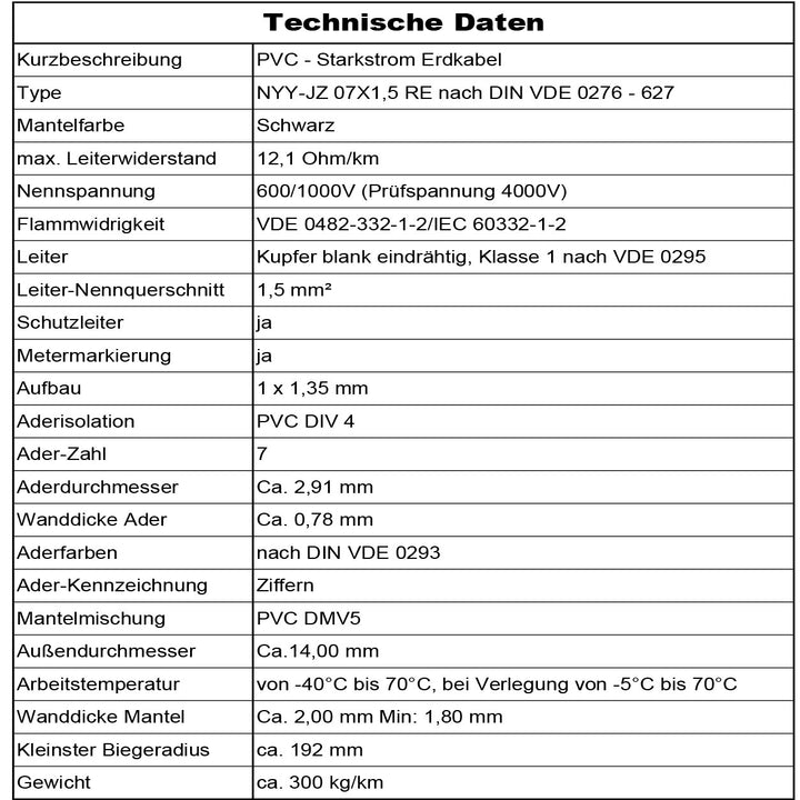 Starkstromkabel NYY-JZ 07X1,5 mm² in Schwarz
