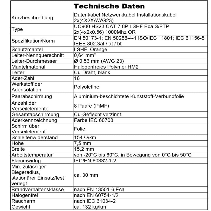 Cat 7 Kabel Duplex AWG23 8P UC900 HS23 Orange 1000Mhz - 5 bis 100 m