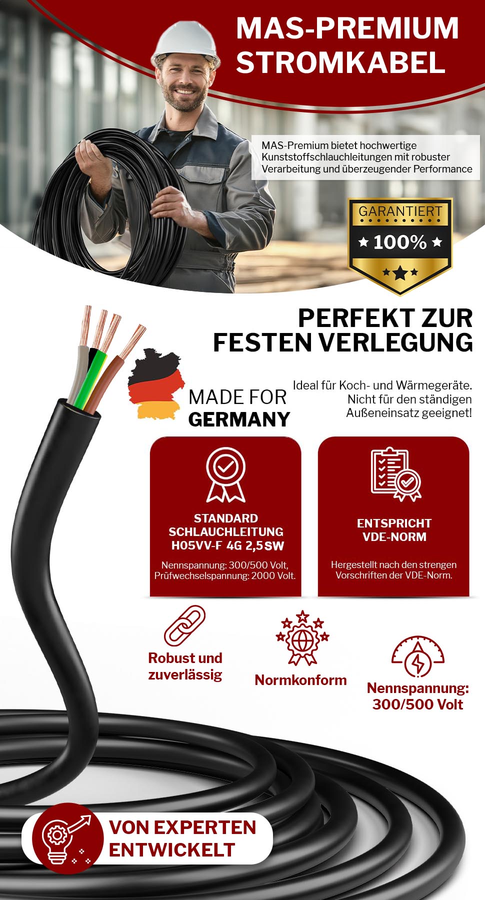 H05VV-F 4G 0,75 /1 /1,5 oder 2,5 Schlauchleitung Schwarz 5 bis 100 m