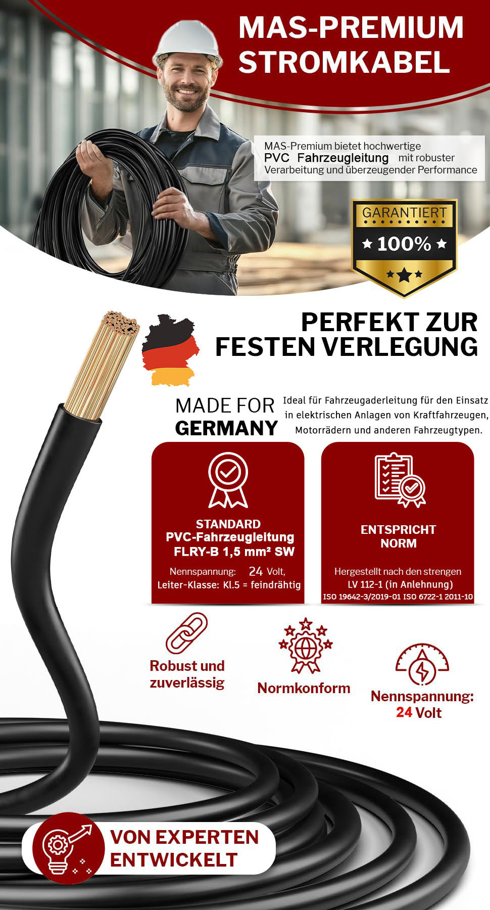 FLRY-B 1,5 mm² Fahrzeugaderleitung von 5-100m KFZ Kabel Schwarz, Rot oder Rot + Schwarz