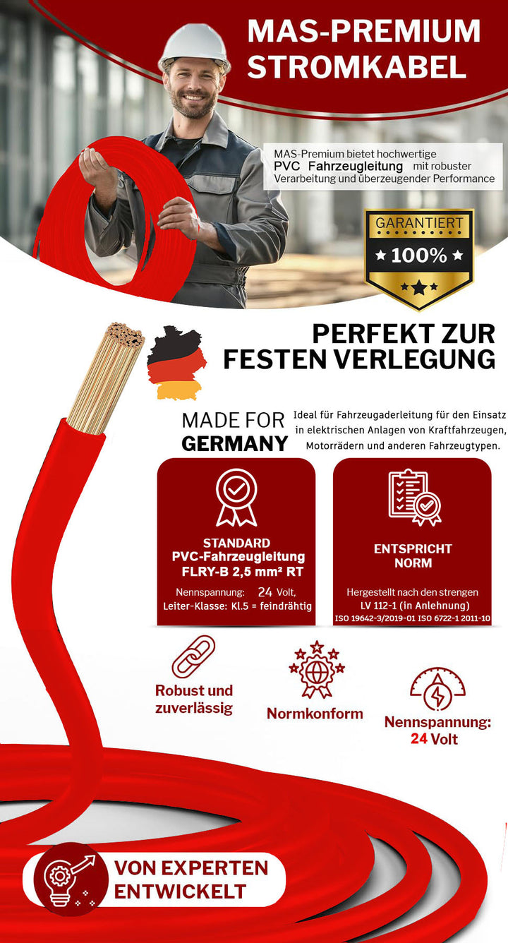 FLRY-B 2,5 mm² Fahrzeugaderleitung von 5-100m KFZ Kabel Schwarz, Rot oder Rot + Schwarz