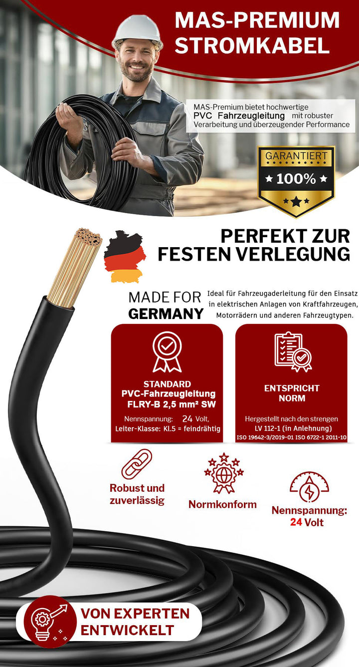 FLRY-B 2,5 mm² Fahrzeugaderleitung von 5-100m KFZ Kabel Schwarz, Rot oder Rot + Schwarz