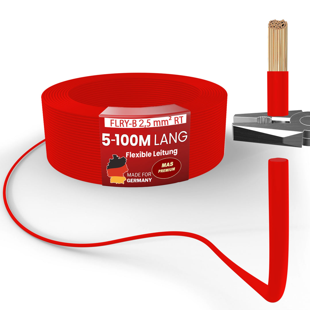 FLRY-B 2,5 mm² Fahrzeugaderleitung von 5-100m KFZ Kabel Schwarz, Rot oder Rot + Schwarz