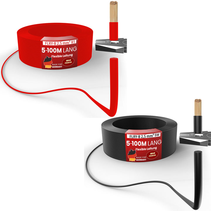 FLRY-B 2,5 mm² Fahrzeugaderleitung von 5-100m KFZ Kabel Schwarz, Rot oder Rot + Schwarz