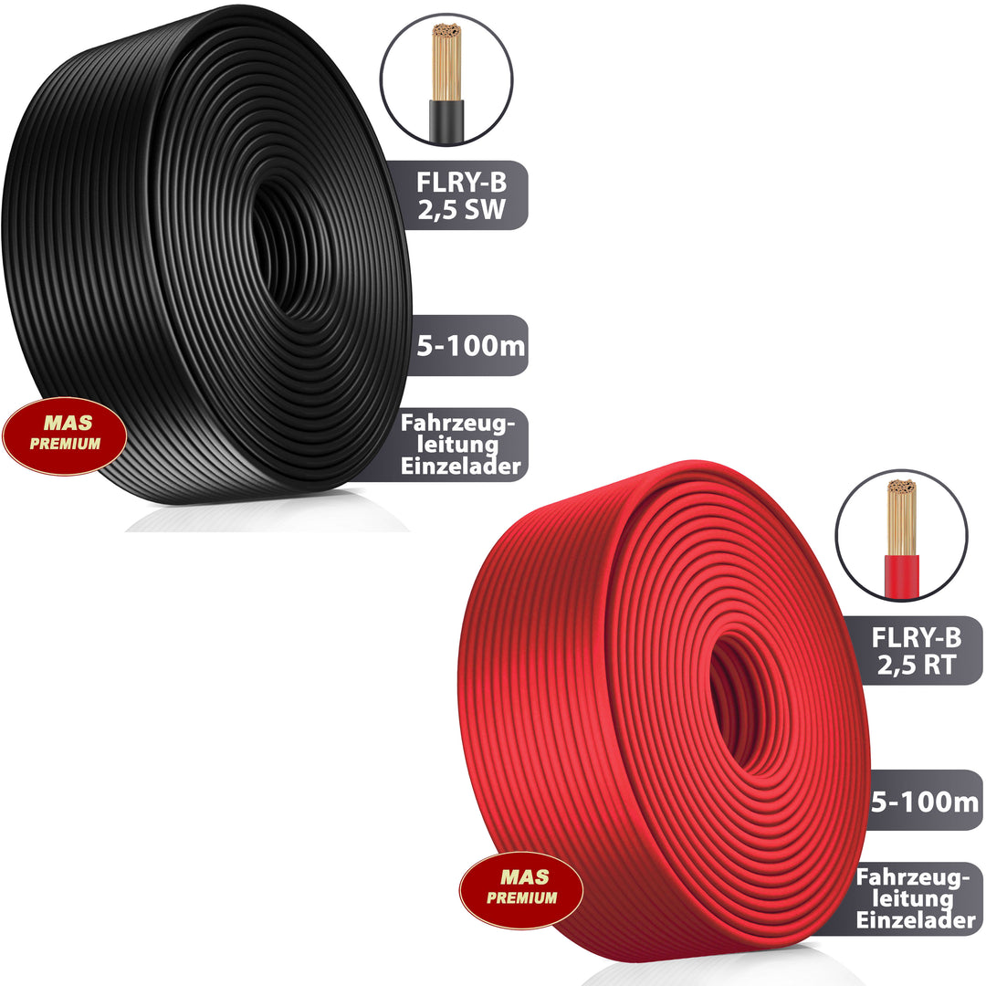FLRY-B 2,5 mm² Fahrzeugaderleitung von 5-100m KFZ Kabel Schwarz, Rot oder Rot + Schwarz