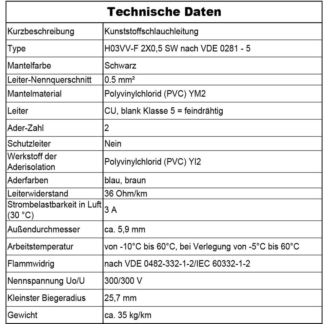 H03VV-F 2x 0,5 Schlauchleitung Schwarz - 5 bis 100 m