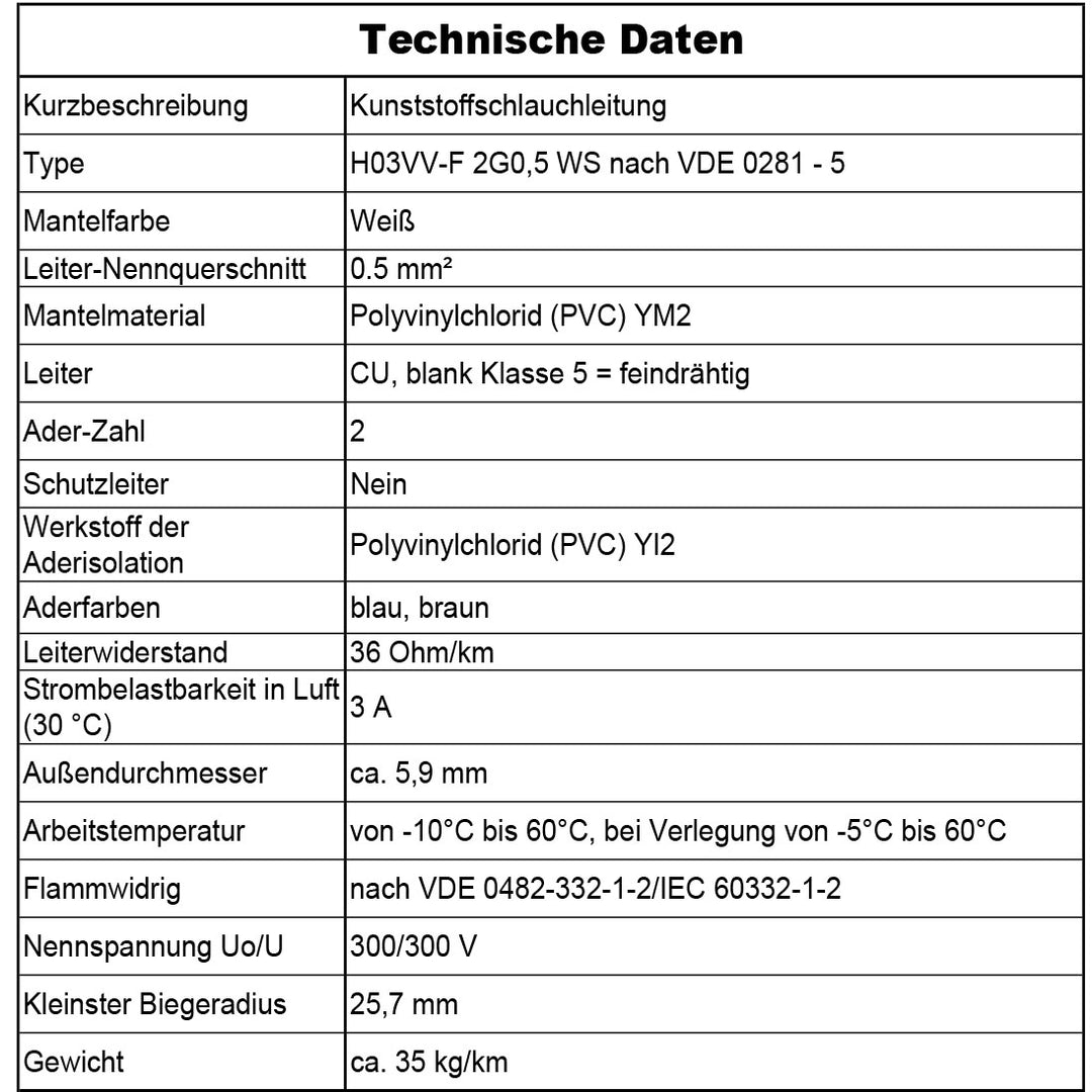 H03VV-F 2x 0,5 Schlauchleitung Schwarz - 5 bis 100 m Weiß