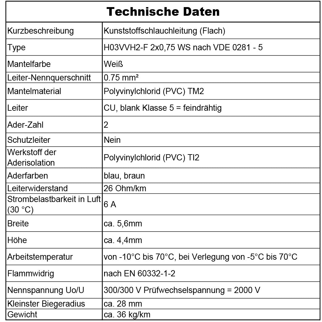 H03VVH2-F 2x0,75WS Steuerleitung Weiß - 5 bis 100 m