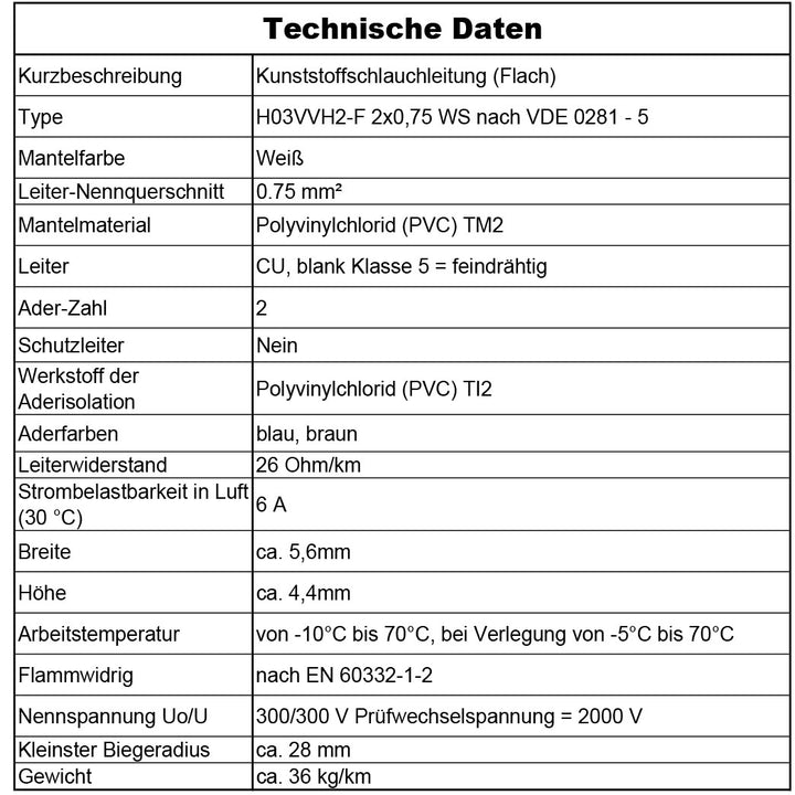 H03VVH2-F 2x0,75WS Steuerleitung Weiß - 5 bis 100 m