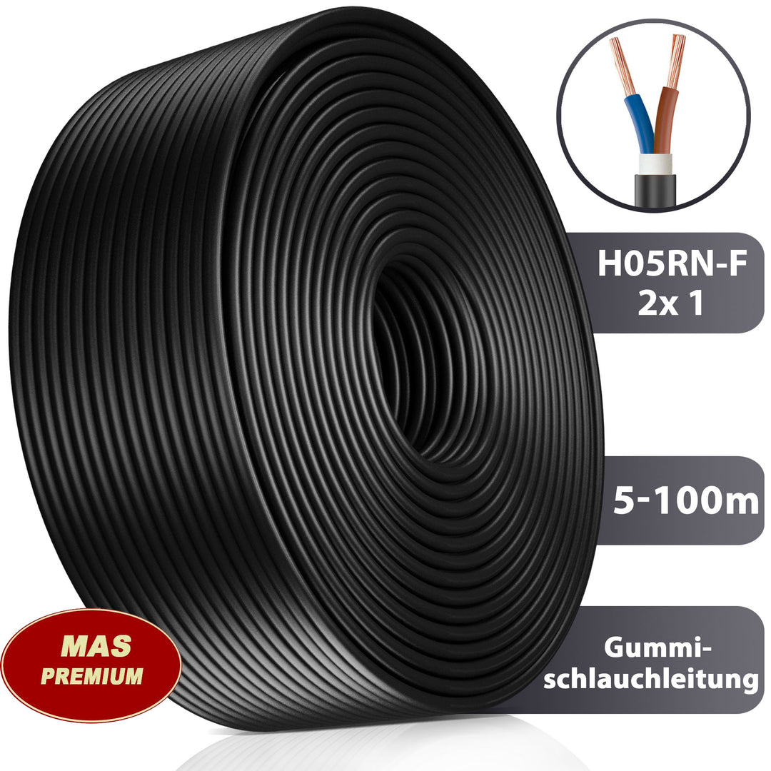 H05RN-F 2x 1 mm² Gummischlauchleitung Schwarz 5 bis 100 m