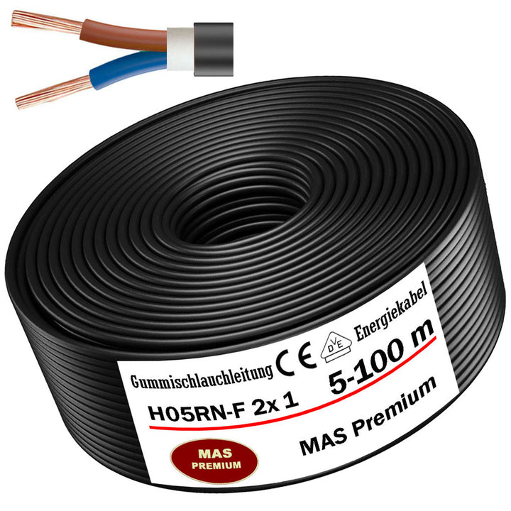 H05RN-F 2x 1 mm² Gummischlauchleitung Schwarz 5 bis 100 m