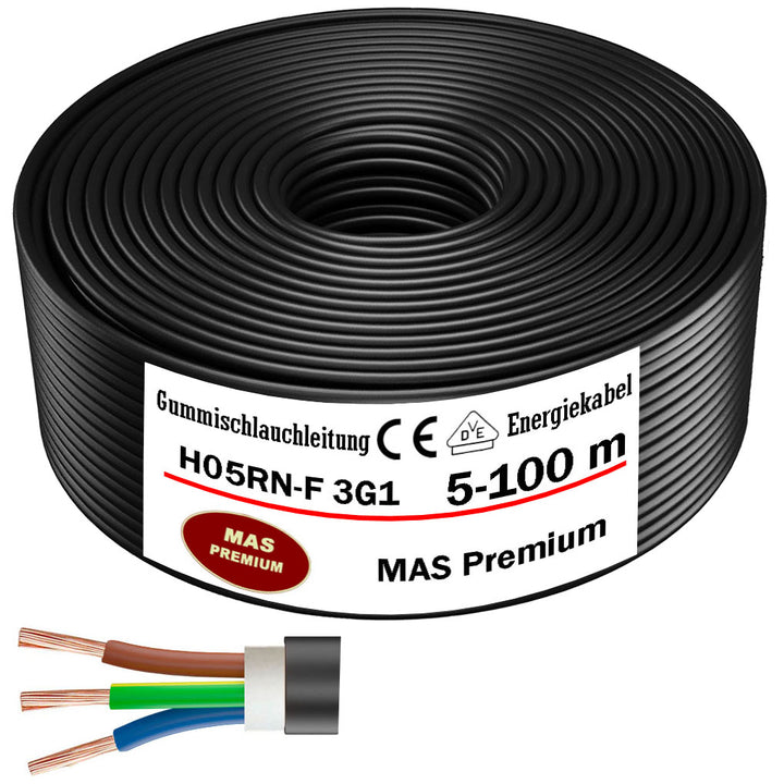 H05RN-F 3G 1 mm² Gummischlauchleitung Schwarz 5 bis 100 m