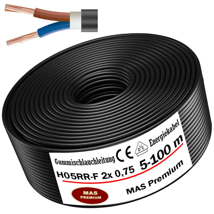 H05RR-F 2x 0,75 mm² Gummischlauchleitung Schwarz 5 bis 100 m