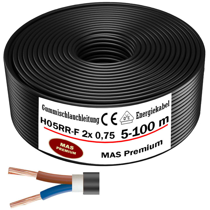 H05RR-F 2x 0,75 mm² Gummischlauchleitung Schwarz 5 bis 100 m