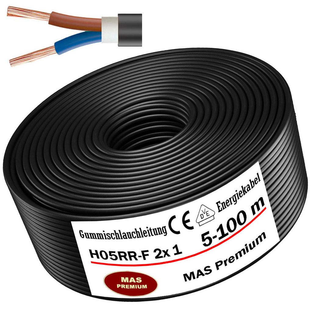 H05RR-F 2x 1 mm² Gummischlauchleitung Schwarz 5 bis 100 m