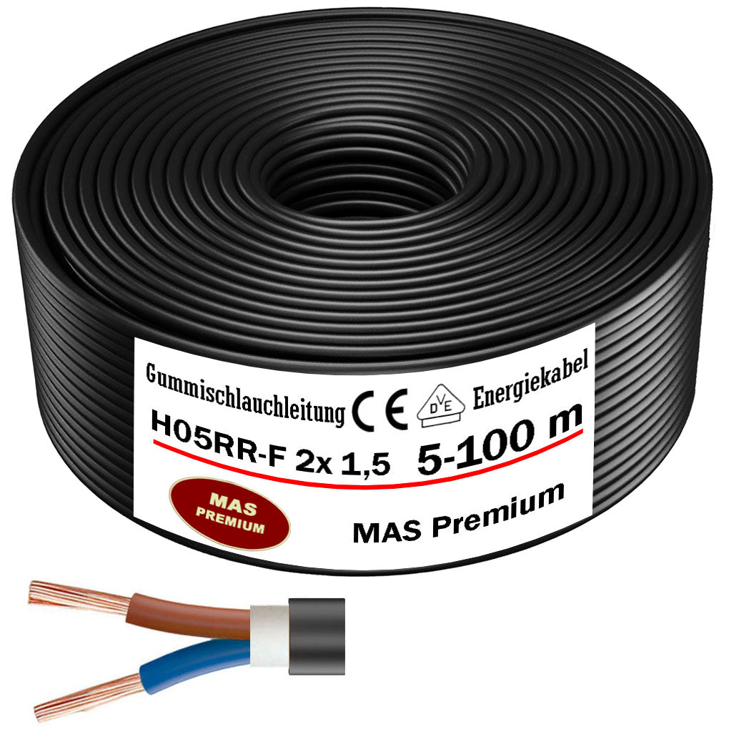 H05RR-F 2x 1,5 mm² Gummischlauchleitung Schwarz 5 bis 100 m