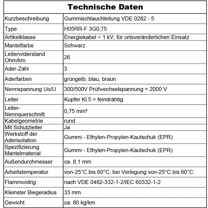 H05RR-F 3G 0,75 mm² Gummischlauchleitung Schwarz 5 bis 100 m