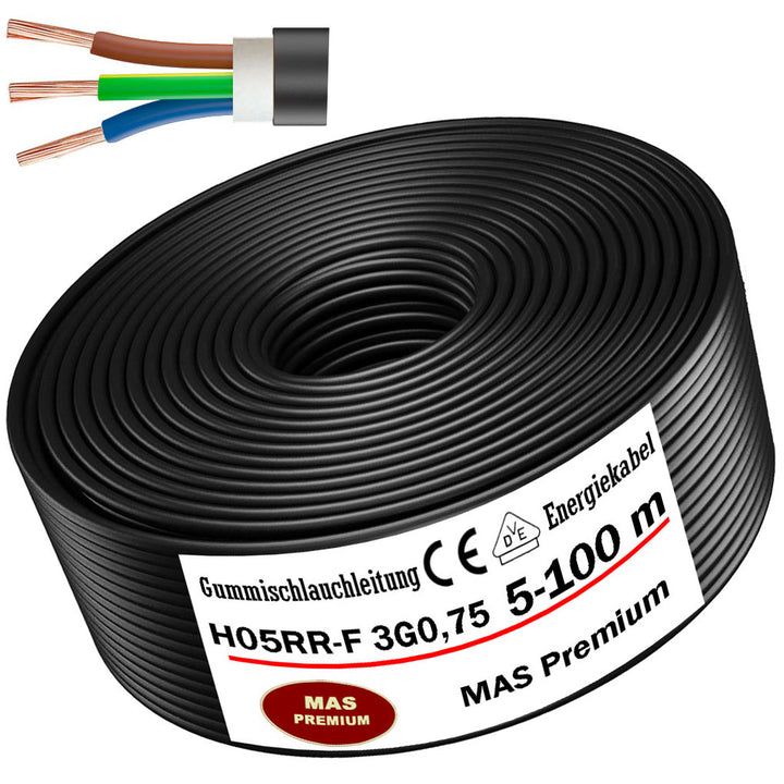 H05RR-F 3G 0,75 mm² Gummischlauchleitung Schwarz 5 bis 100 m