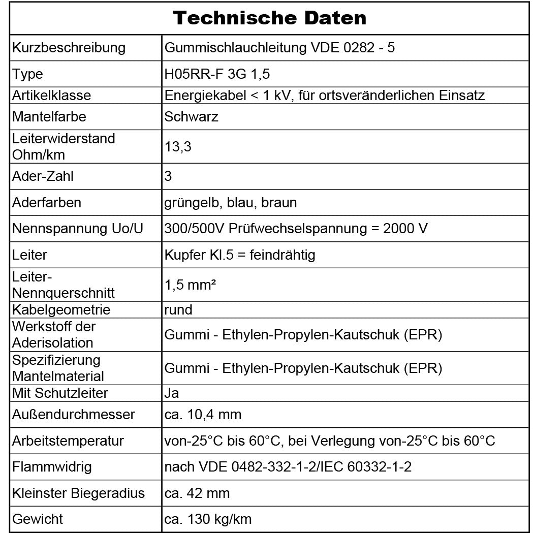 H05RR-F 3G 1,5 mm² Gummischlauchleitung Schwarz 5 bis 100 m