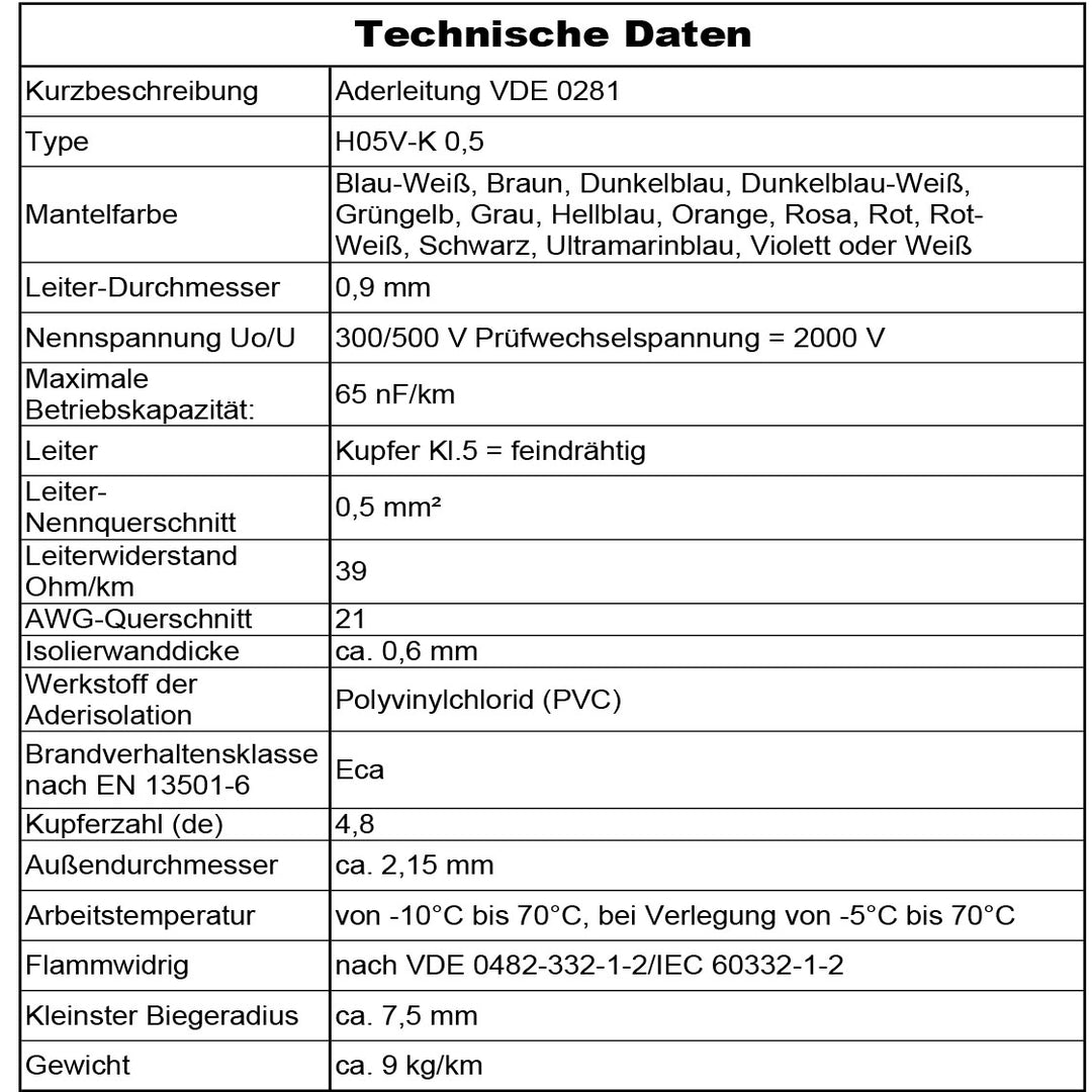 H05 V-K 0,5 mm² Aderleitung SW U-MAR.BL VIO oder WS 5 bis 100 m