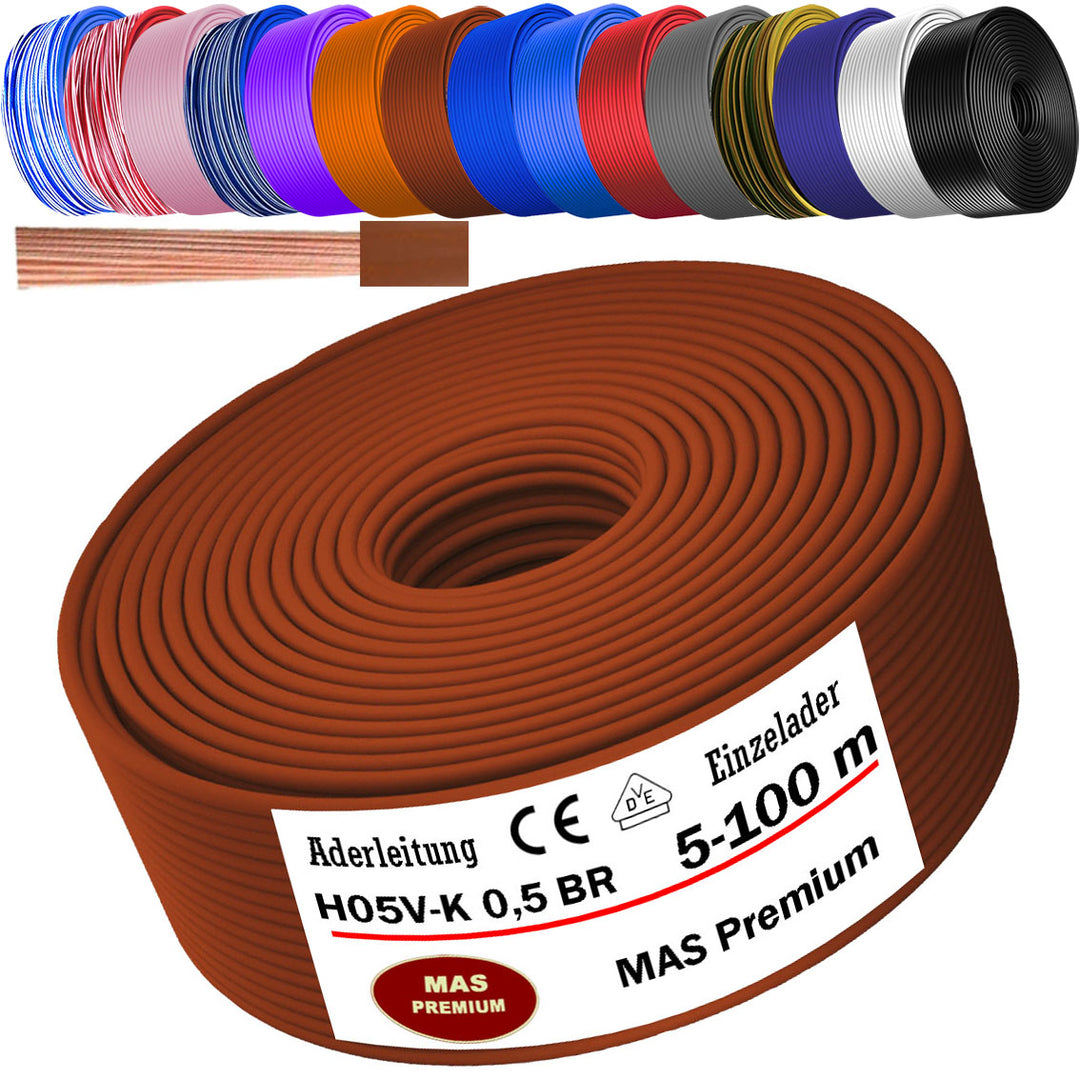 H05 V-K 0,5 mm² Aderleitung BL-WS BR DBL DBL-WS GNGE oder GR 5 bis 100 m