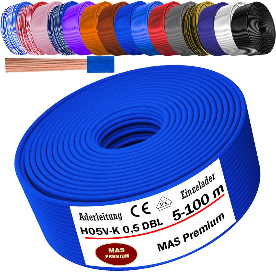 H05 V-K 0,5 mm² Aderleitung BL-WS BR DBL DBL-WS GNGE oder GR 5 bis 100 m