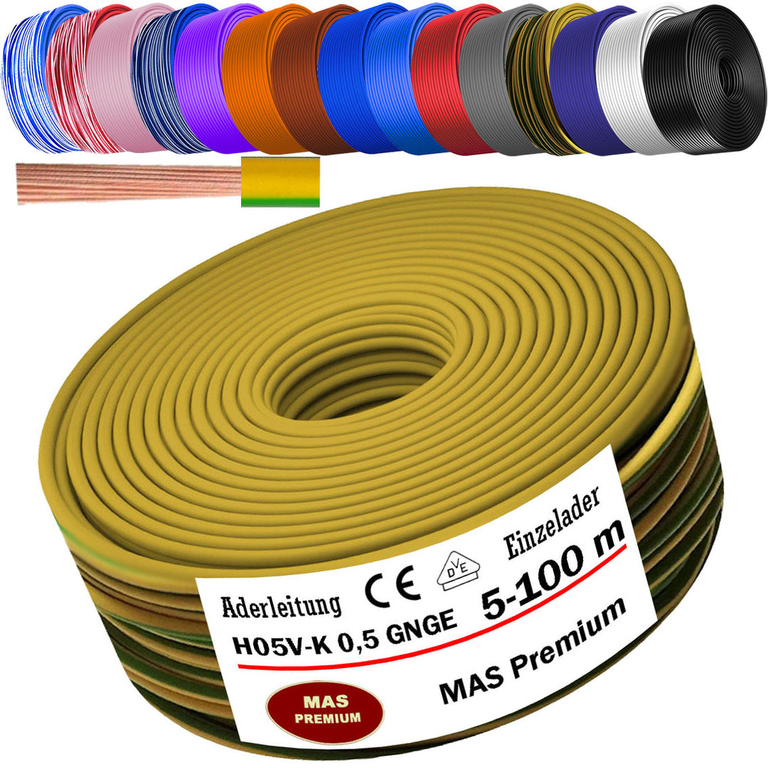 H05 V-K 0,5 mm² Aderleitung BL-WS BR DBL DBL-WS GNGE oder GR 5 bis 100 m