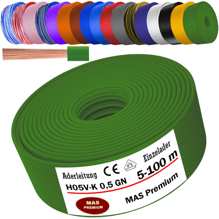 H05 V-K 0,5 mm² Aderleitung SW U-MAR.BL VIO WS GE oder GN 5 bis 100 m