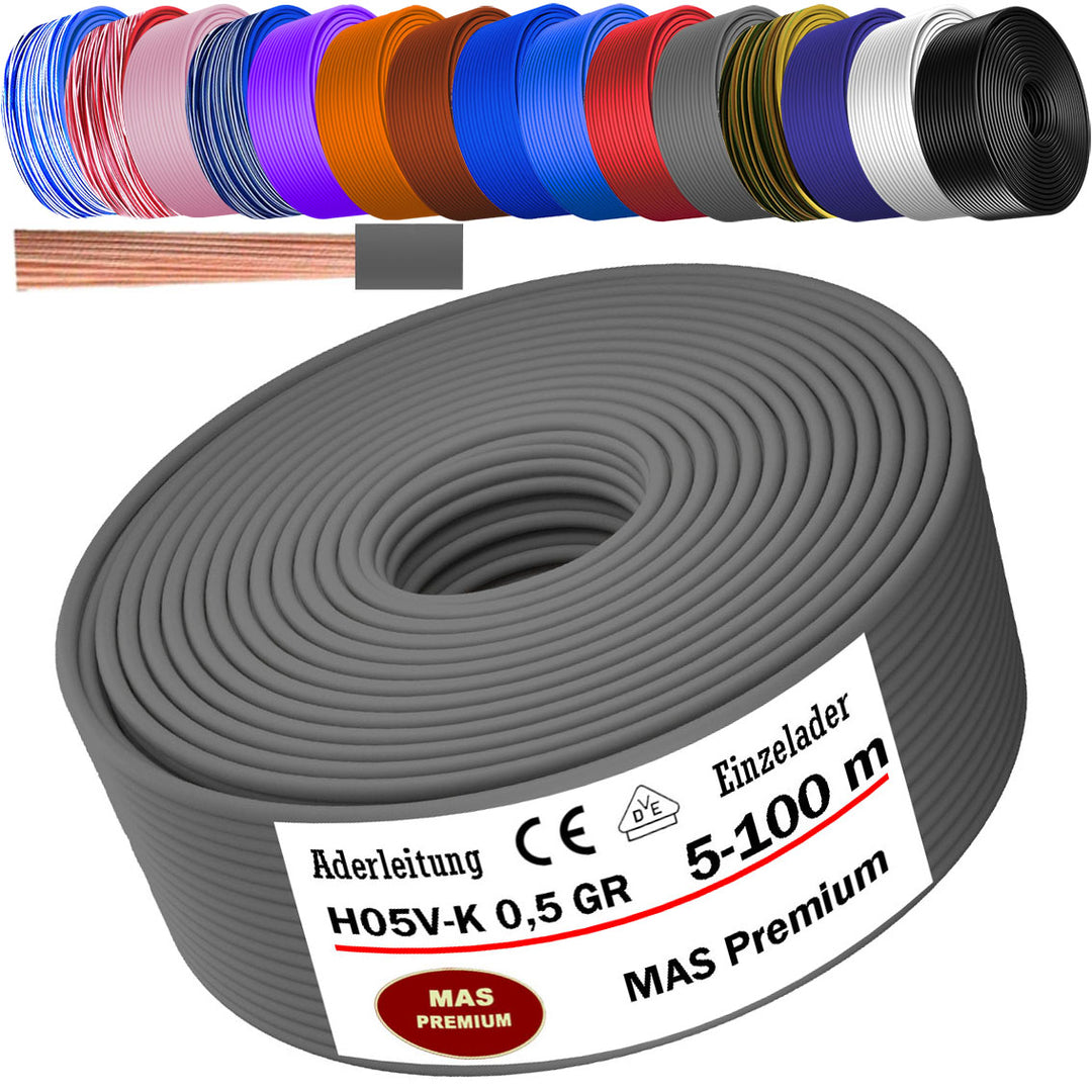H05 V-K 0,5 mm² Aderleitung BL-WS BR DBL DBL-WS GNGE oder GR 5 bis 100 m