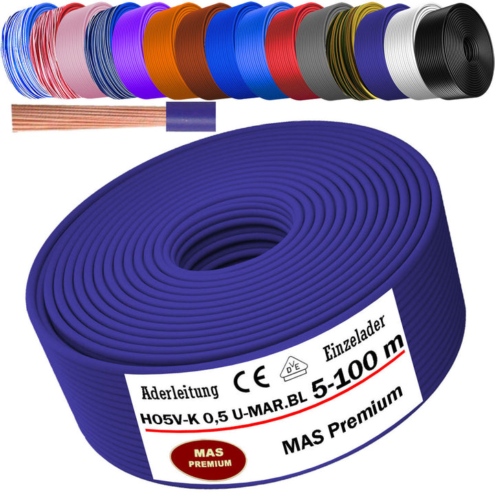 H05 V-K 0,5 mm² Aderleitung SW U-MAR.BL VIO WS GE oder GN 5 bis 100 m