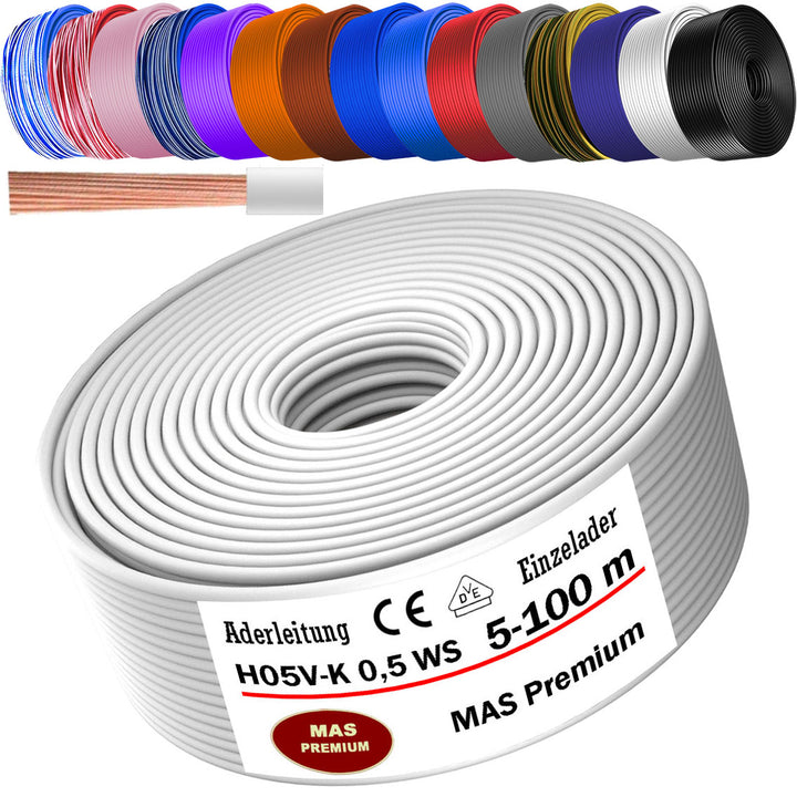 H05 V-K 0,5 mm² Aderleitung SW U-MAR.BL VIO WS GE oder GN 5 bis 100 m